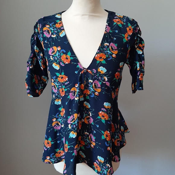 Zara Navy Blue Floral Button Front Blouse Shirt - Picture 6 of 9